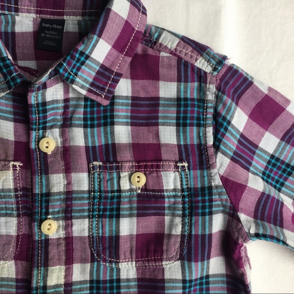 Gap shirt size 12 18 months plaid lined blue purple boys cotton button down - Picture 4 of 16